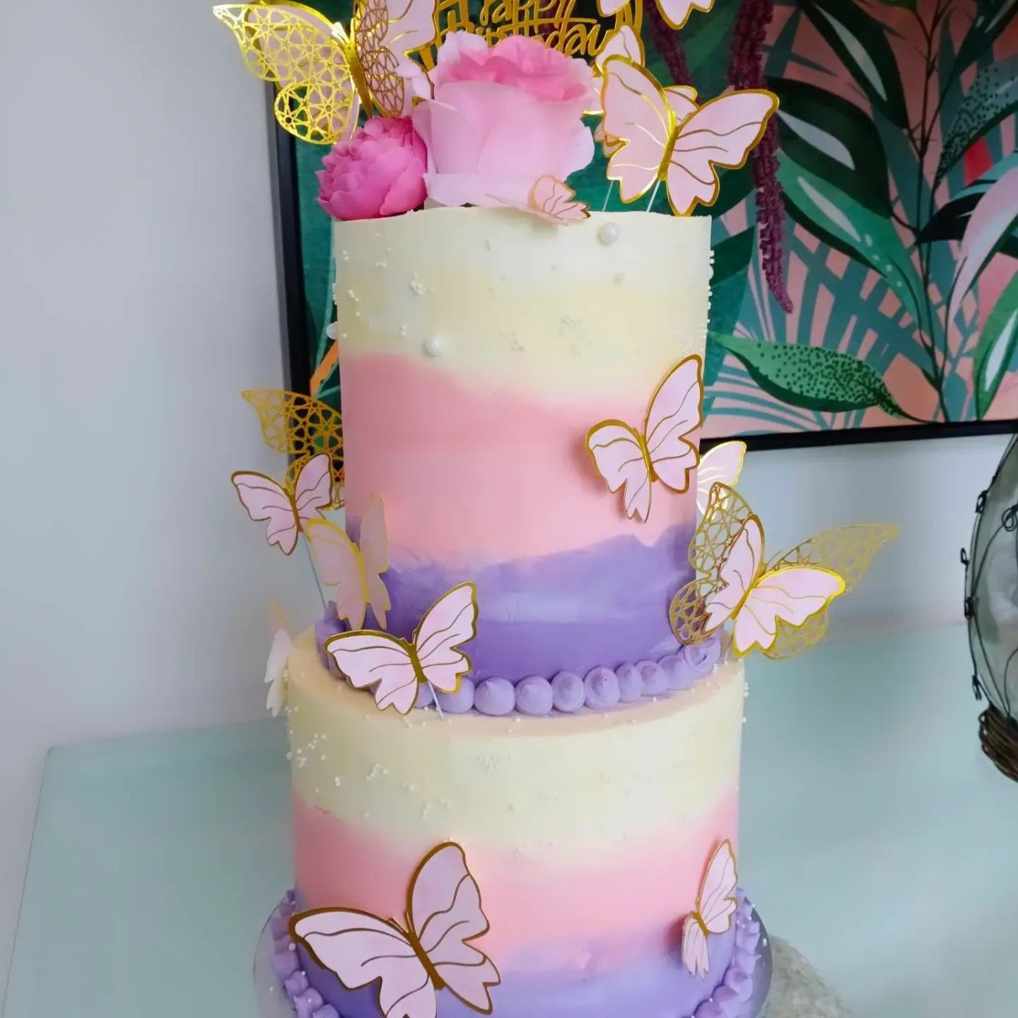 custom 2 tier birthday cake with butterflies and flowers 